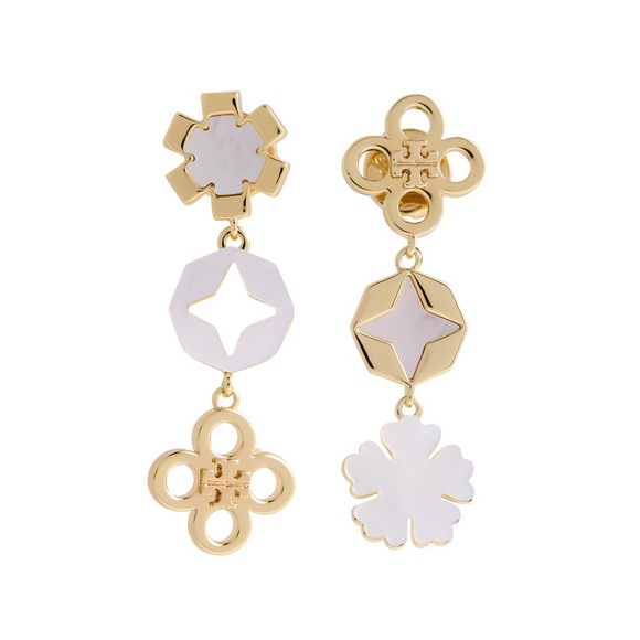 NWT Tory Burch Kira mismatched Gold and mother of pearl Geometric Drop Earrings - Picture 4 of 7